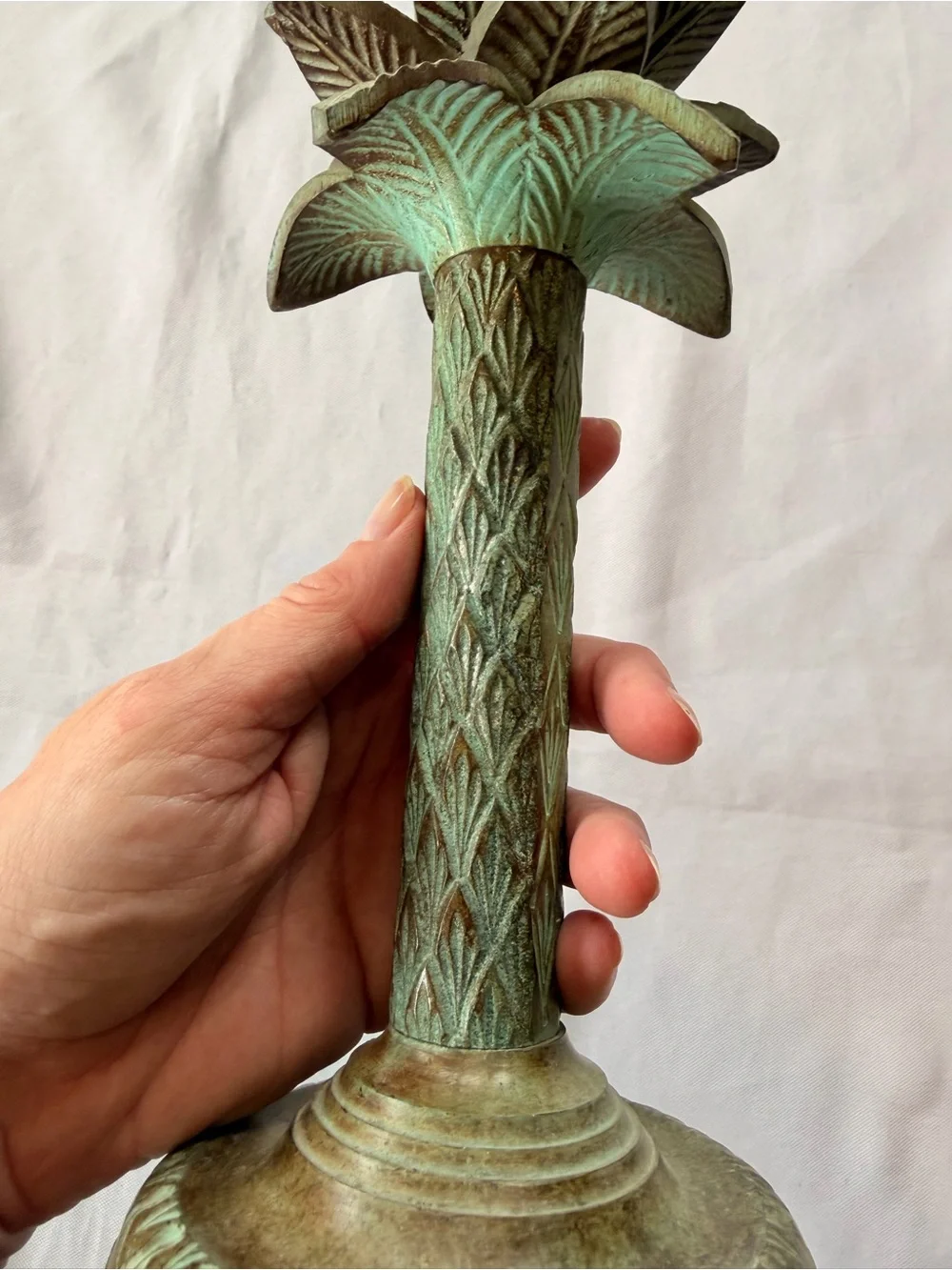 Vintage Verdigris Tropical Palm Tree Candle Holder Heavy